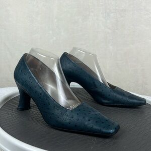 Vintage Proxy Made In Spain Leather Ostrich Print Square toe Pump Size 9.5M